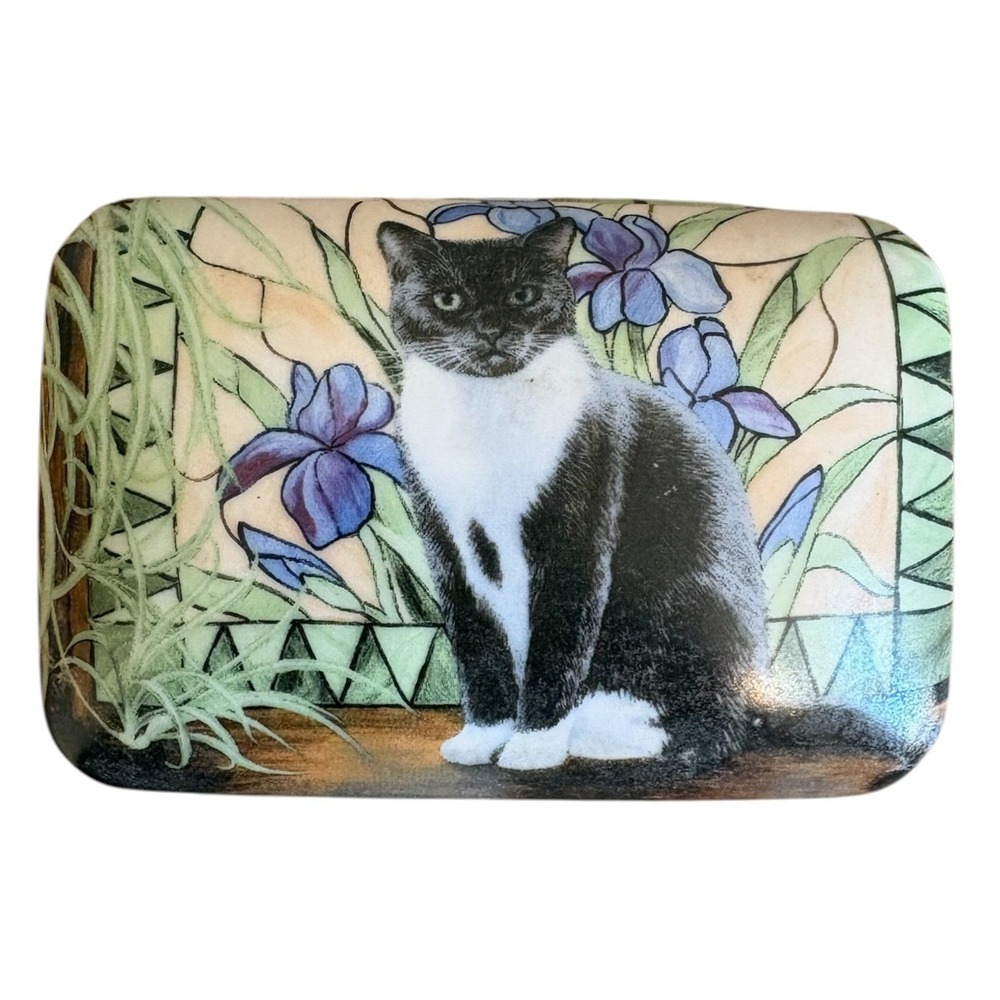 Persis Clayton Weirs‎ Wild Wings Tuxedo Cat Ceramic Hinged Jewelry Trinket Box